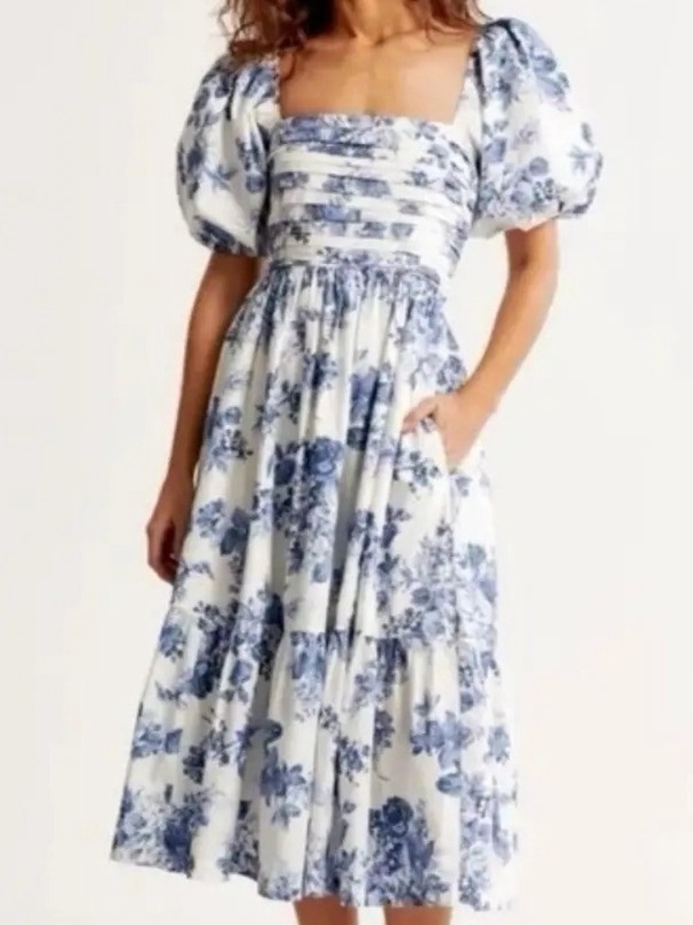 Abercrombie Emerson Poplin MIDI Blue and White Floral Puff Sleeve Dress XS